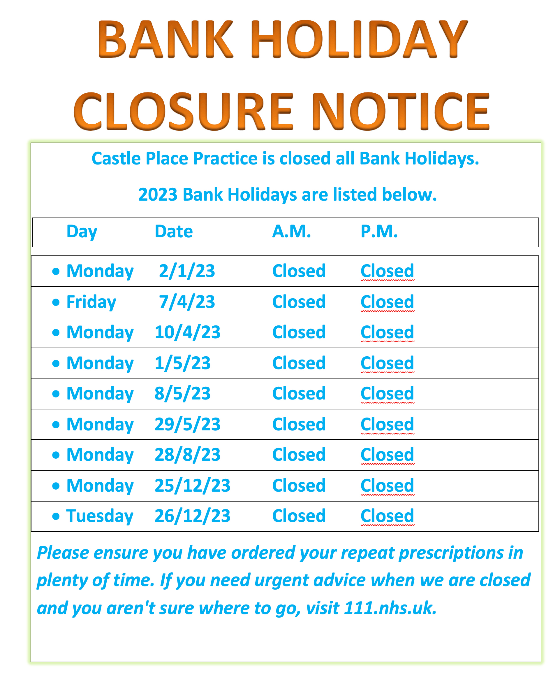 Bank holiday closure notice
